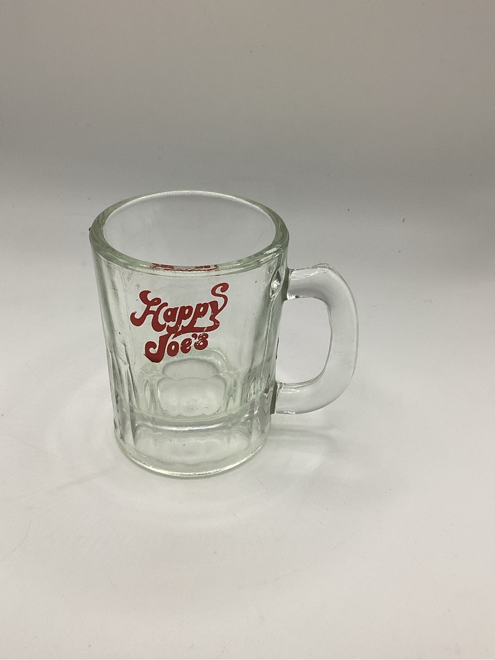 Mini 4” Clear Glass Beer Mug with Happy Joe’s Pizza and Ice Cream Parlor Logo
